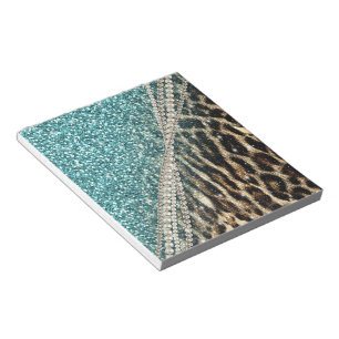 Chic Girly Leopard Print Blue Glitzer Notizblock