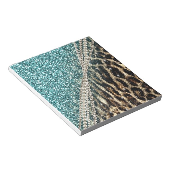 Chic Girly Leopard Print Blue Glitzer Notizblock (angewinkelt)