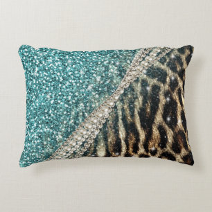 Chic Girly Leopard Print Blue Glitzer Zierkissen