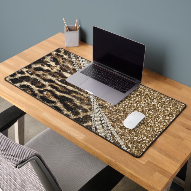 Chic Girly Leopard Print Gold Glitzer Schreibtischunterlage (Büro 2)