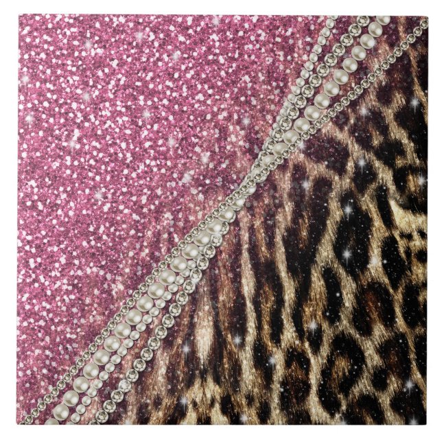 Chic Girly Leopard Print Pink Glitzer Fliese (Vorderseite)
