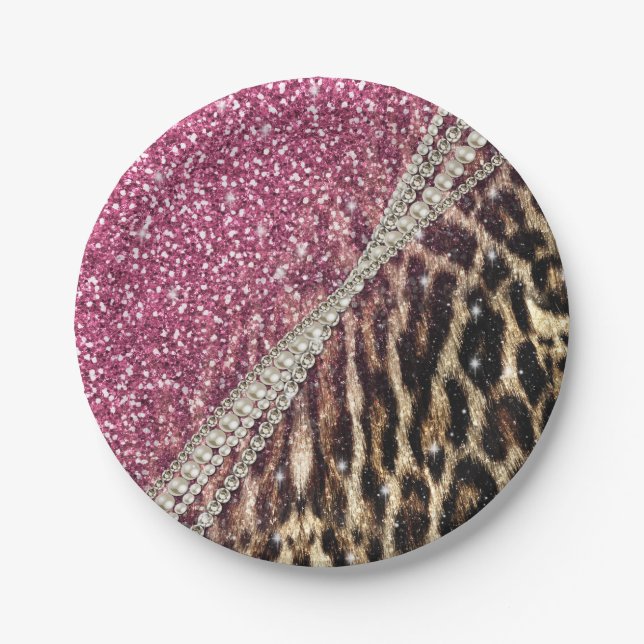 Chic Girly Leopard Print Pink Glitzer Pappteller (Vorderseite)