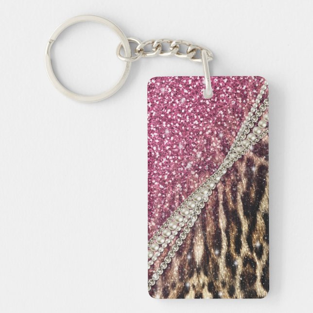 Chic Girly Leopard Print Pink Glitzer Schlüsselanhänger (Vorderseite)