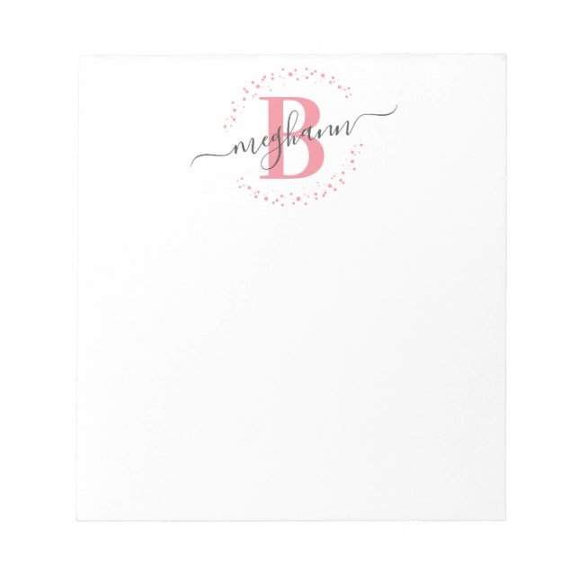 Chic Girly Modern White Pink Name Script Monogram Notizblock (Vorderseite)