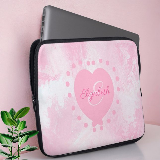 Chic Girly Pink Heart Monogram Initial Watercolor Laptopschutzhülle (Angled open neoprene laptop case. Laptop not included.)