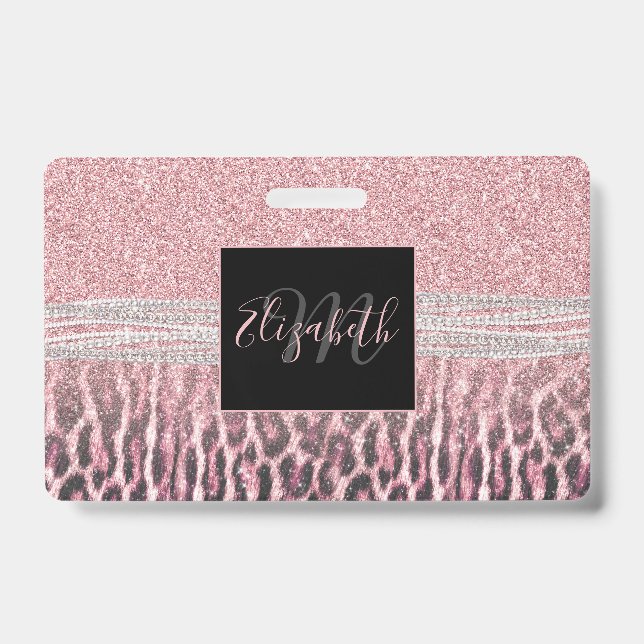 Chic Girly Pink Leopard Glitzer Image Ausweis (Vorderseite)