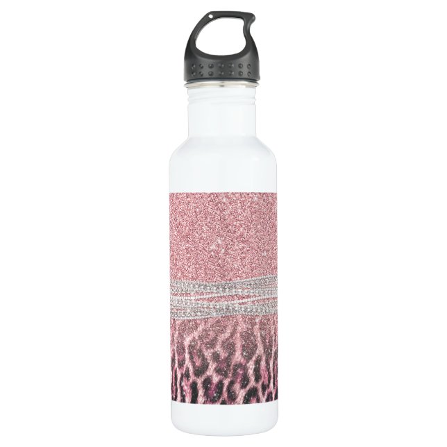 Chic Girly Pink Leopard Glitzer Image Edelstahlflasche (Vorderseite)