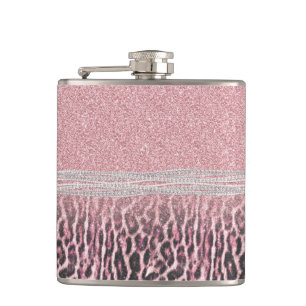 Chic Girly Pink Leopard Glitzer Image Flachmann