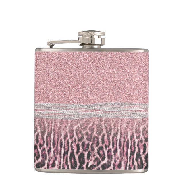 Chic Girly Pink Leopard Glitzer Image Flachmann (Vorderseite)