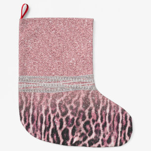 Chic Girly Pink Leopard Glitzer Image Großer Weihnachtsstrumpf