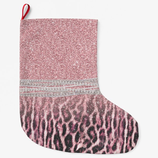 Chic Girly Pink Leopard Glitzer Image Großer Weihnachtsstrumpf (Vorderseite)