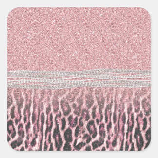 Chic Girly Pink Leopard Glitzer Image Quadratischer Aufkleber