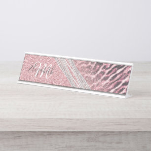 Chic Girly Pink Leopard Glitzer Image Schreibtischnamensplakette