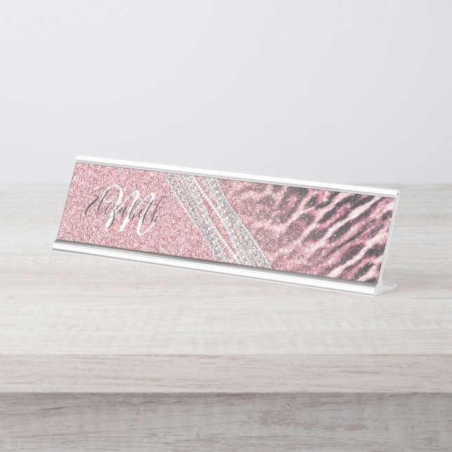 Chic Girly Pink Leopard Glitzer Image Schreibtischnamensplakette (Vorderseite )