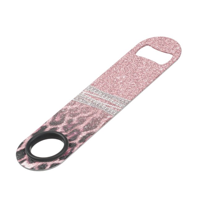 Chic Girly Pink Leopard Glitzer Image Speed Flaschenöffner (Vorderseite Schrägansicht)