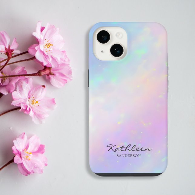 Chic Girly Pink Monogram iPhone 13 Pro Fall Hülle (Chic girly iridescent blush pink phone case for iPhone and Samsung customizable with name in script)