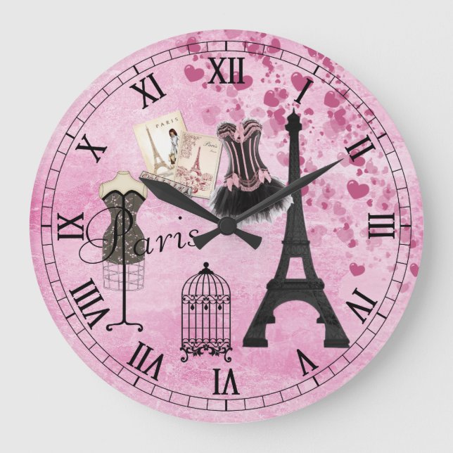 Chic Girly Pink Paris Fashion Clock Große Wanduhr (Vorderseite)