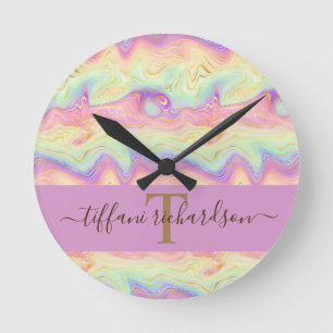 Chic Girly Rainbow Gold Agate Geode Runde Wanduhr