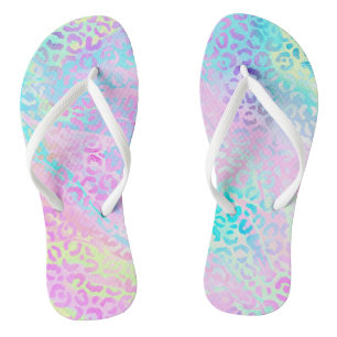 Chic Girly Rainbow Shimmer Leopard Print Flip Flops