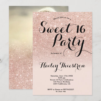 Chic Girly Rose Gold Glitzer ombre Foto Sweet 16 Einladung