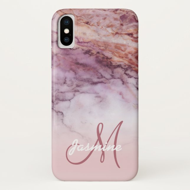 Chic-Girly Rosen-Goldmarmor-Monogramm-Name Case-Mate iPhone Hülle (Rückseite)