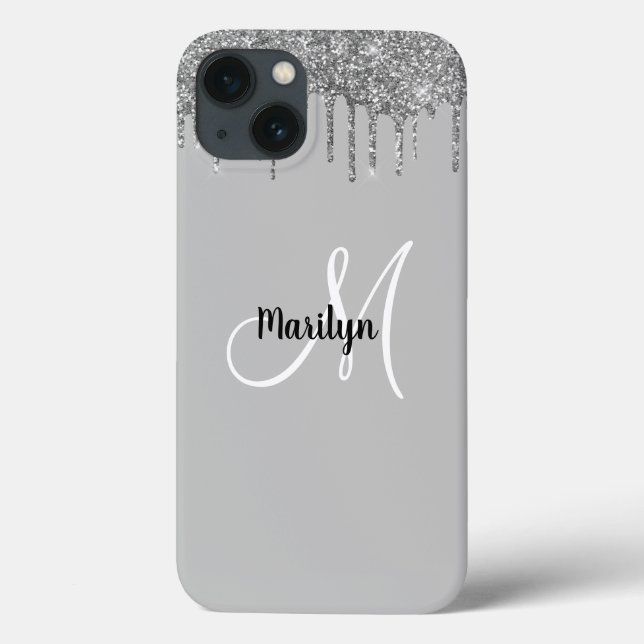 Chic Girly Silver Glitzer Tropfen Monogram Name Case-Mate iPhone Hülle (Rückseite)
