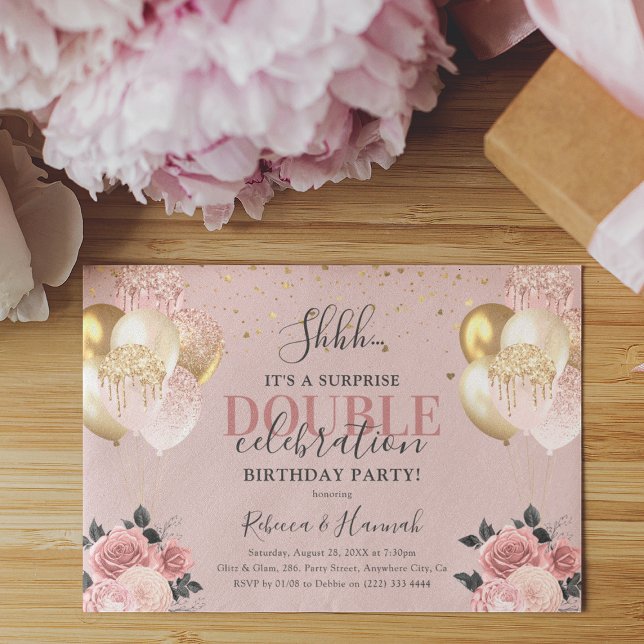 Chic Girly Surprise Double Birthday Party Einladung (Von Creator hochgeladen)