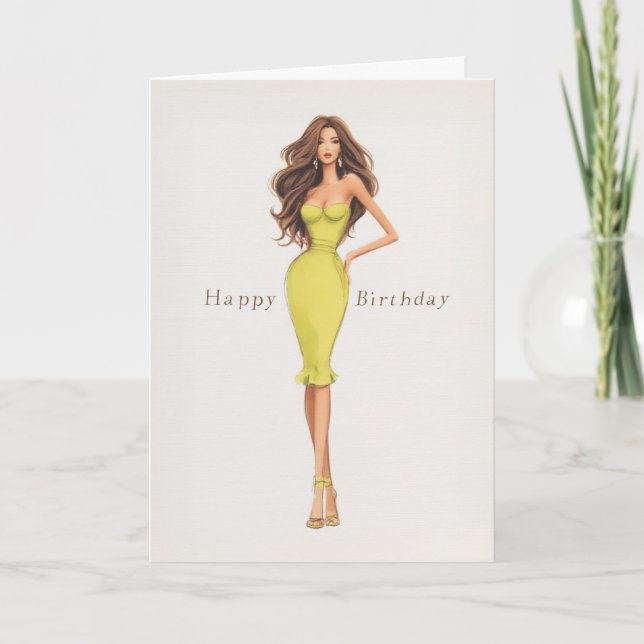 Chic Glam Brunette Woman in Yellow Dress Birthday Karte (Vorderseite)
