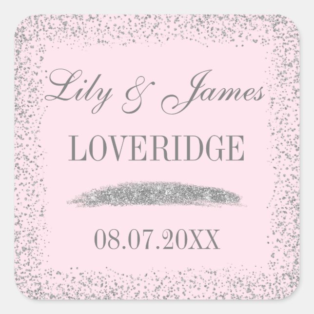 Chic Glam Gray Silver Glitzer & Blush Pink Wedding Quadratischer Aufkleber (Vorderseite)
