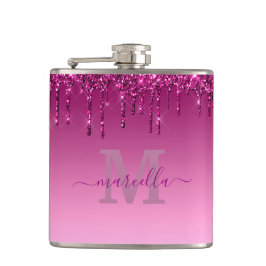 Chic Glam Pink Glitzer Tropfen Designname Monogram Flachmann