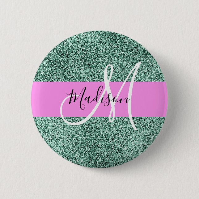 Chic Glam Pink Green Glitzer Sparkname Monogram Button (Vorderseite)