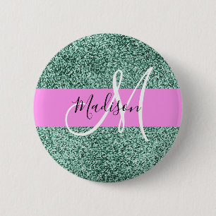 Chic Glam Pink Green Glitzer Sparkname Monogram Button