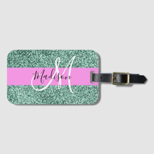 Chic Glam Pink Green Glitzer Sparkname Monogram Gepäckanhänger
