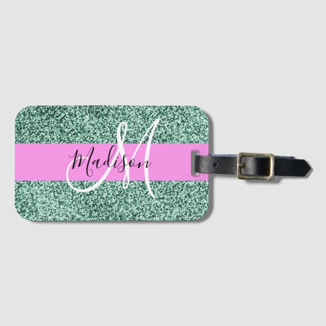 Chic Glam Pink Green Glitzer Sparkname Monogram Gepäckanhänger (Vorderseite (Horizontal))