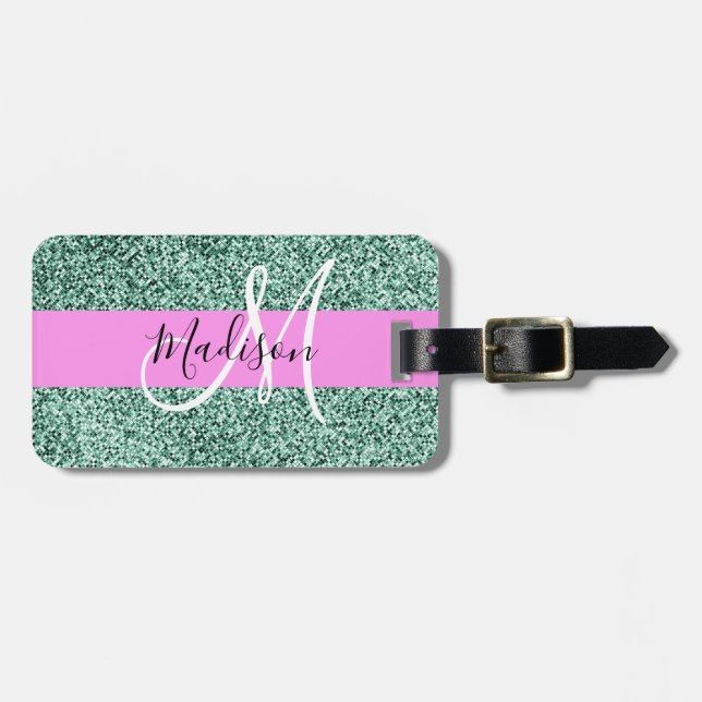 Chic Glam Pink Green Glitzer Sparkname Monogram Gepäckanhänger (Vorderseite horizontal)