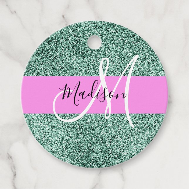Chic Glam Pink Green Glitzer Sparkname Monogram Geschenkanhänger (Vorderseite)