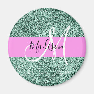 Chic Glam Pink Green Glitzer Sparkname Monogram Magnet
