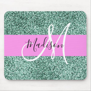 Chic Glam Pink Green Glitzer Sparkname Monogram Mousepad
