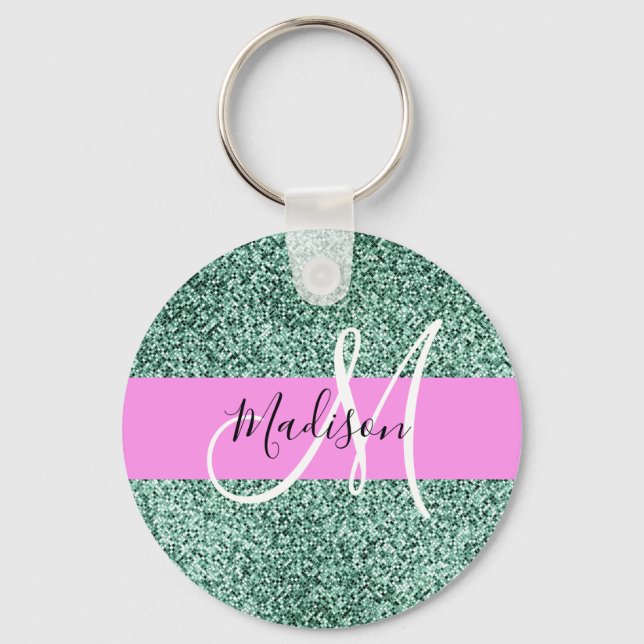 Chic Glam Pink Green Glitzer Sparkname Monogram Schlüsselanhänger (Vorderseite)
