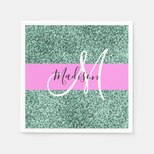 Chic Glam Pink Green Glitzer Sparkname Monogram Serviette