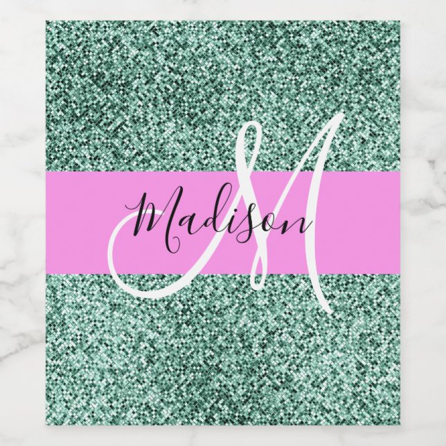 Chic Glam Pink Green Glitzer Sparkname Monogram Weinetikett (Einzelnes Label)