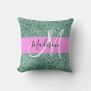 Chic Glam Rosa Grün Glitter Funkeln Namensmonogram Kissen