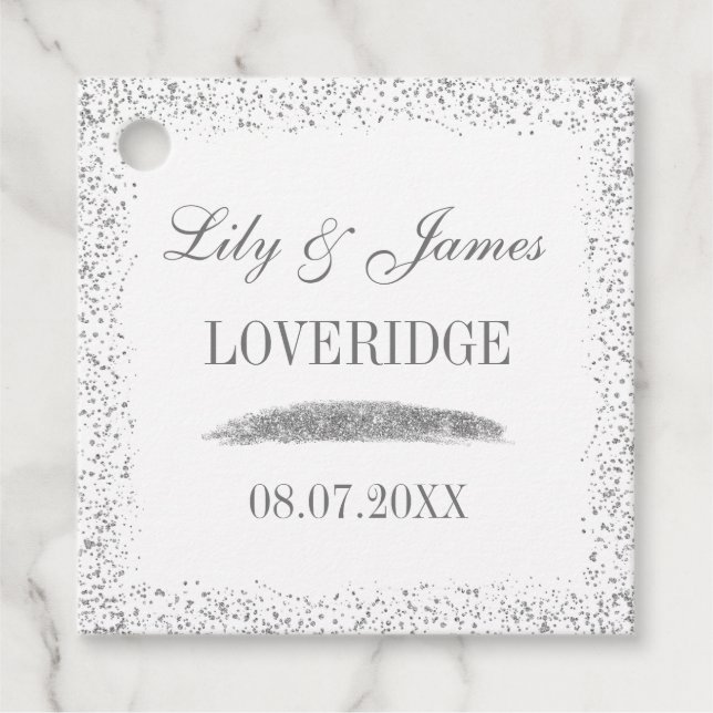 Chic Glam White & Gray Silver Glitzer Wedding Geschenkanhänger (Vorderseite)