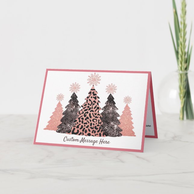 Chic Glitter Christmas Trees Pink Leopard Gray Karte (Vorderseite)