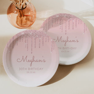 Chic Glitter Drip 30. Geburtstagsfeier Rosa Pappteller