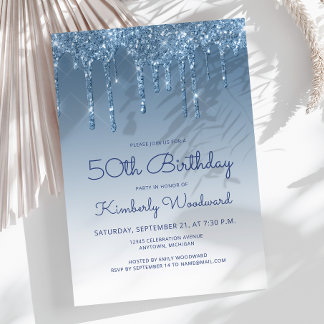 Chic Glitter Drip Blau 50. Geburtstag Einladung