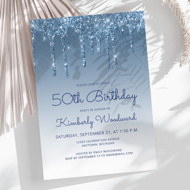 Chic Glitter Drip Blau 50. Geburtstag Einladung (Von Creator hochgeladen)