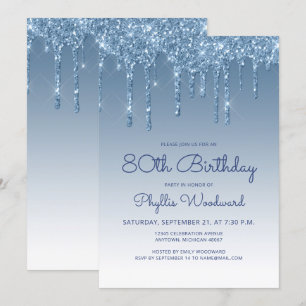 Chic Glitter Drip Blau 80. Geburtstag Einladung