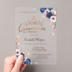 Chic Glitter Krone Drop, Blaue Rosen Quinceañera Acryleinladungen