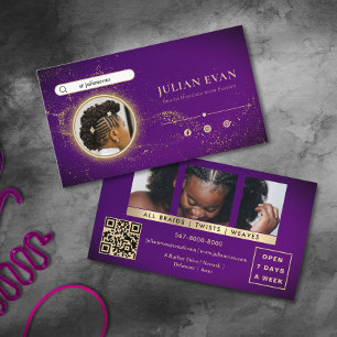 Chic Glitter Purple Gold Afrikanischer Zopf Friseu Visitenkarte